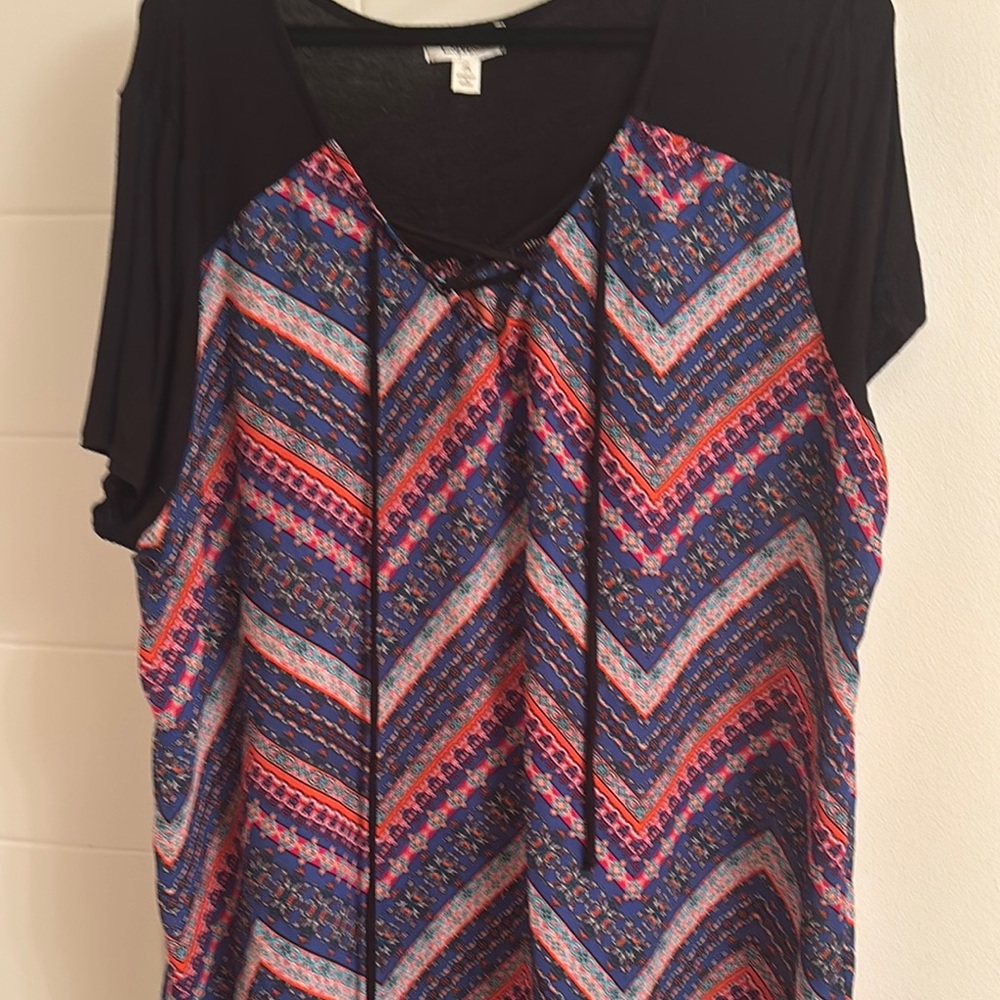 Espresso Blue and Pink Short Sleeve Tie Front Blouse